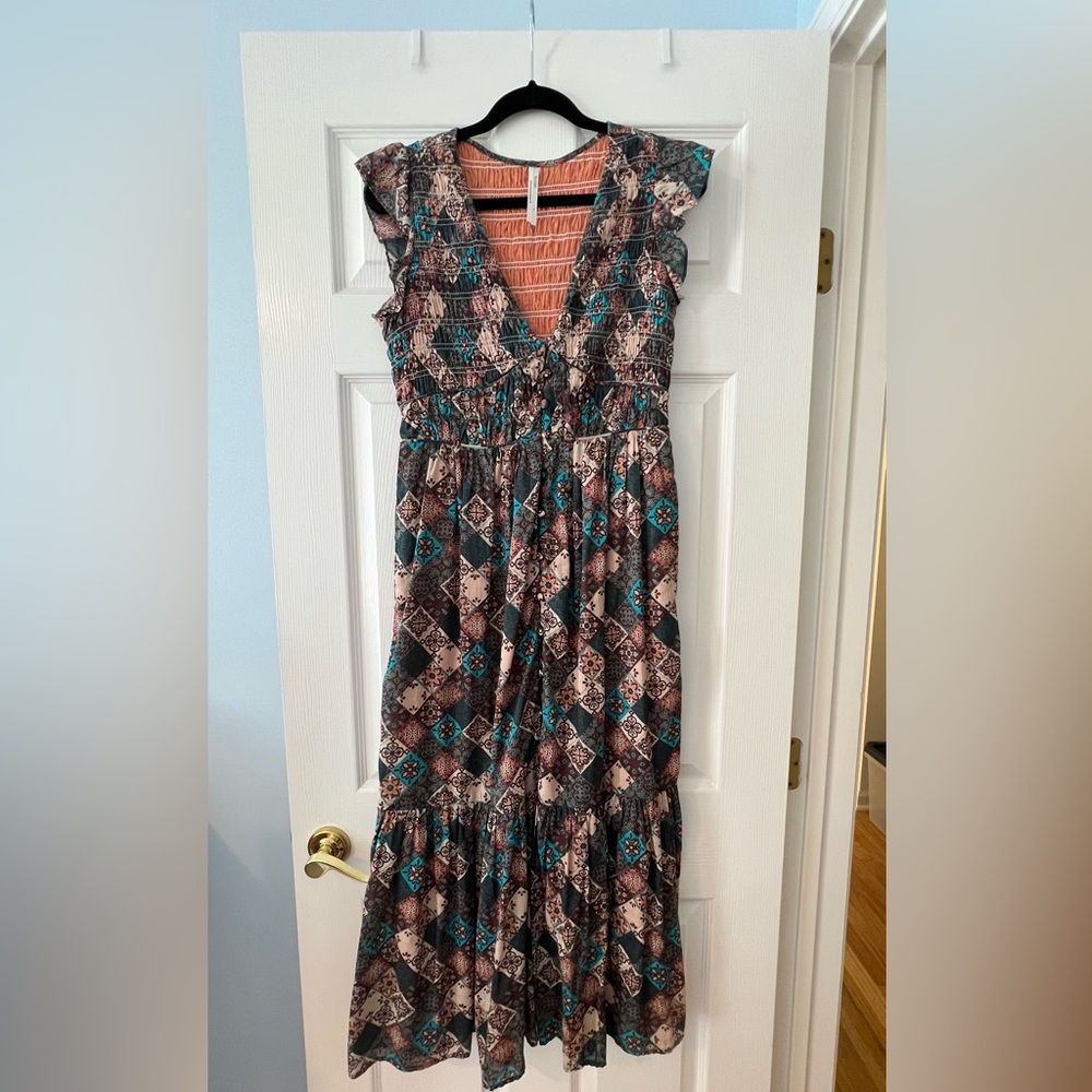 LIKE NEW Anthropologie The Peregrine Midi Dress - Blue and Tan, Size Smll